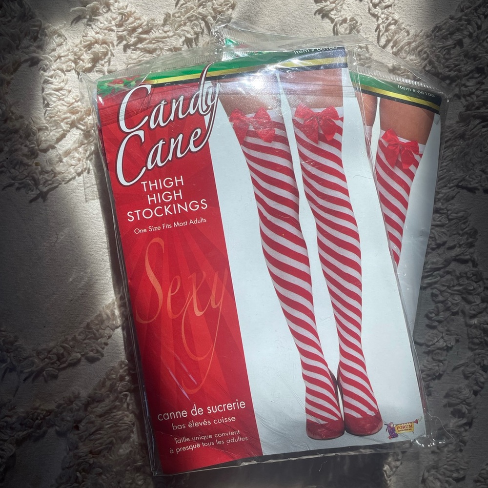 Christmas, thigh high, stockings, red and white, bow